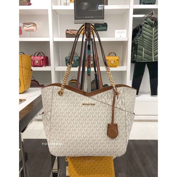 BUNDLE MICHAEL KORS Jet Set Travel Large Chain Shoulder Tote Cell wallet Vanilla - Picture 6 of 12